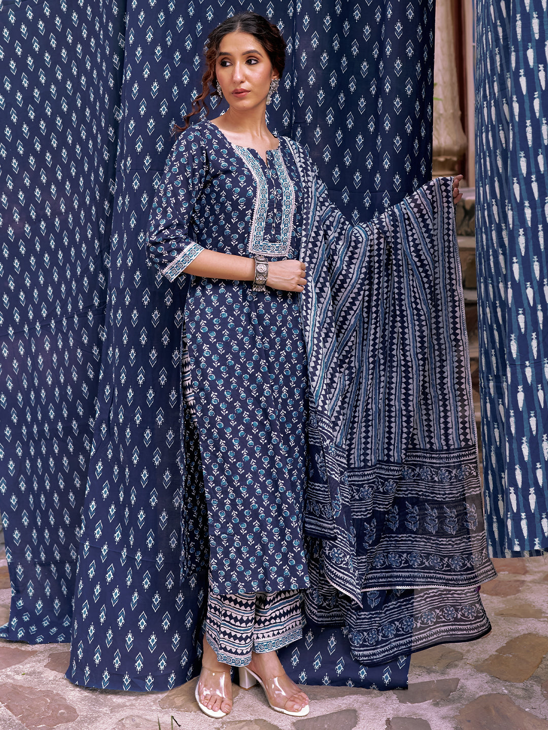 Indigo Printed Cotton Straight Suit With Dupatta