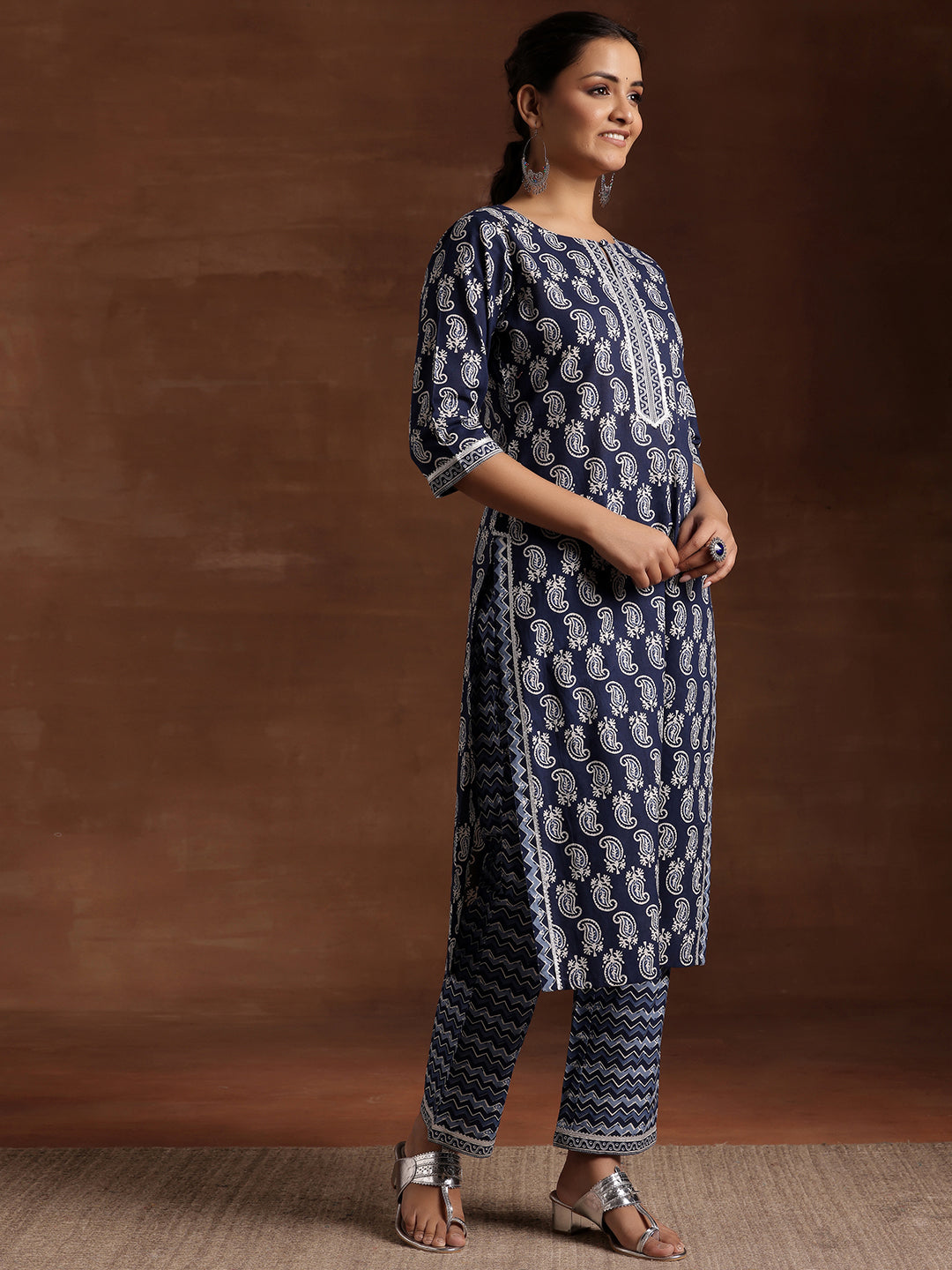 Indigo Printed Cotton Straight Suit With Dupatta