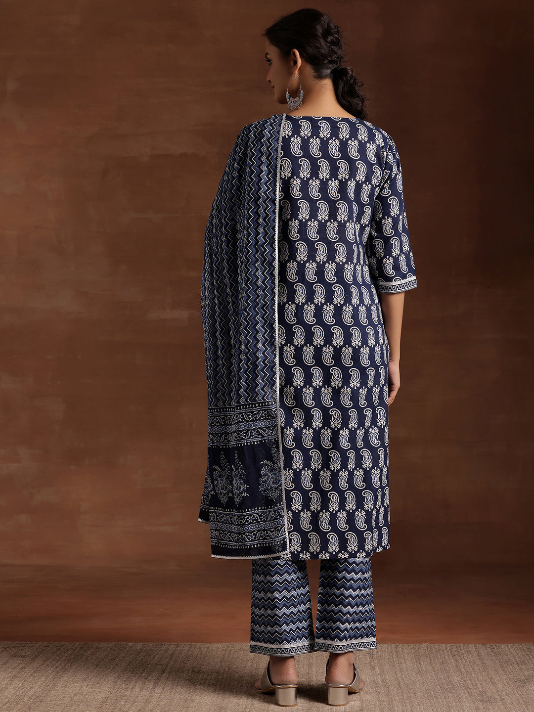 Indigo Printed Cotton Straight Suit With Dupatta