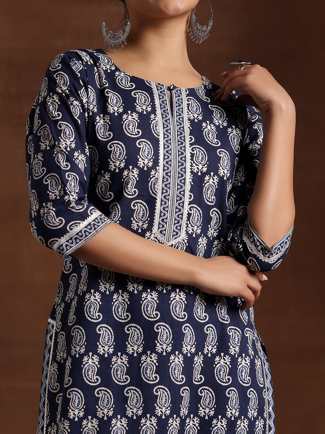 Indigo Printed Cotton Straight Suit With Dupatta