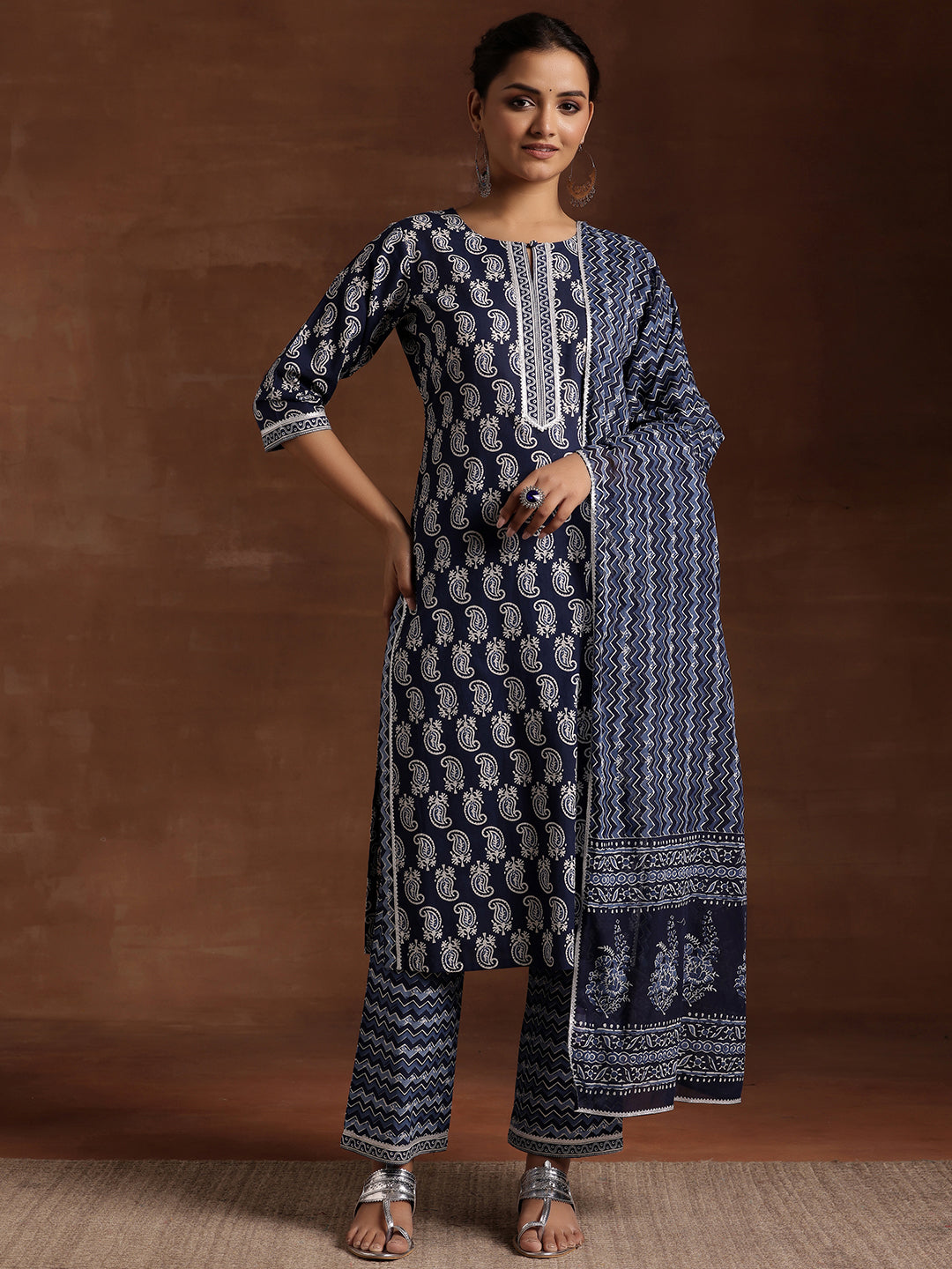 Indigo Printed Cotton Straight Suit With Dupatta