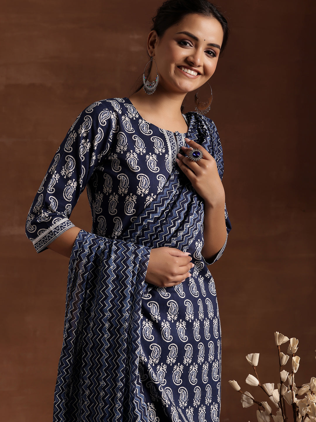 Indigo Printed Cotton Straight Suit With Dupatta