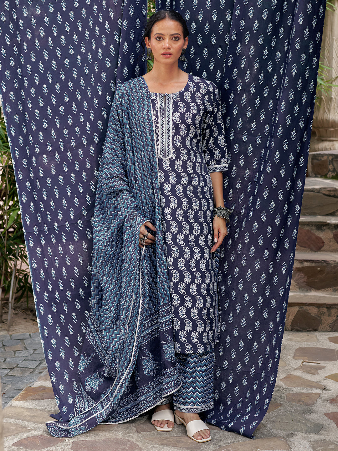 Indigo Printed Cotton Straight Suit With Dupatta