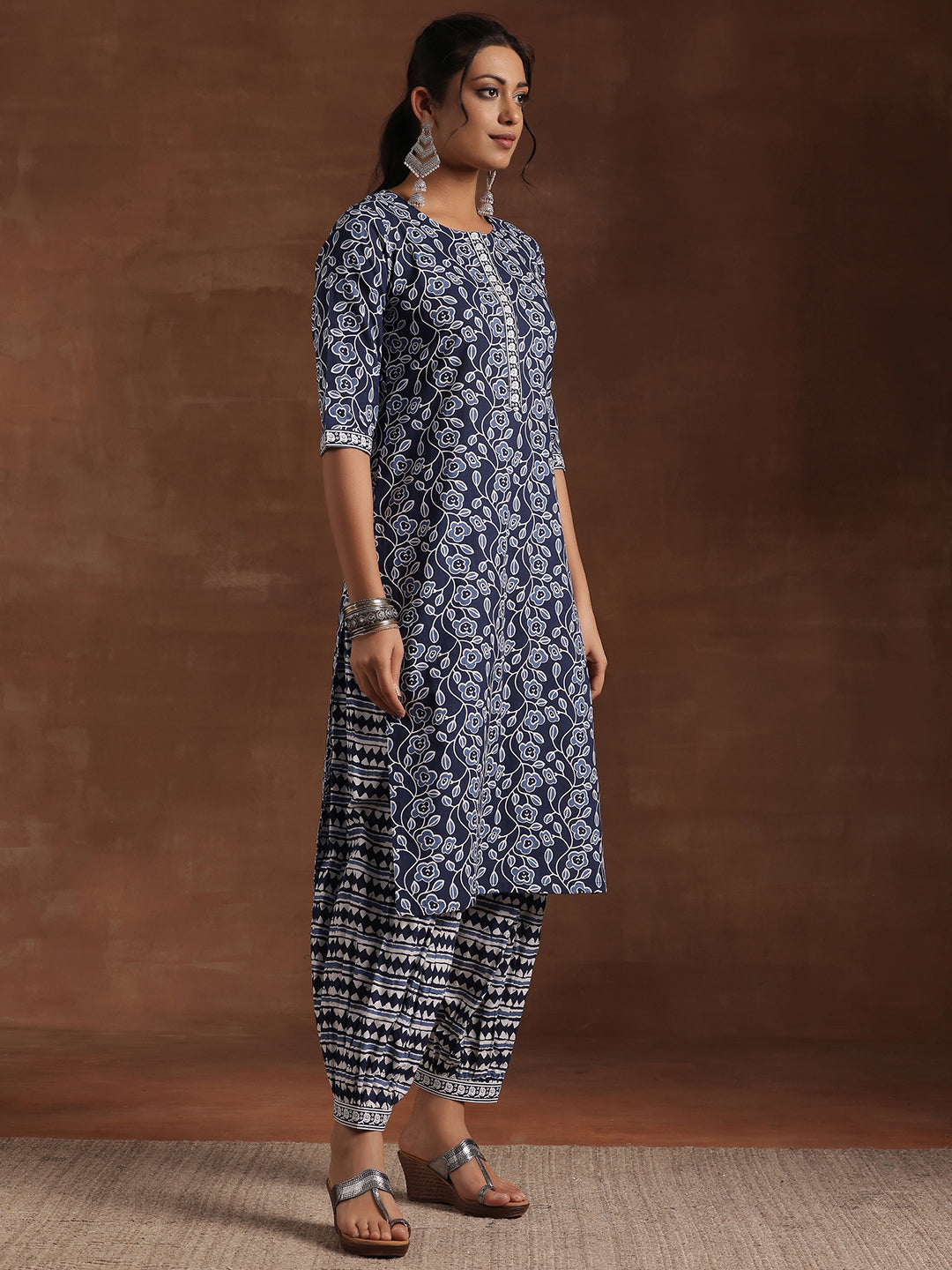 Indigo Printed Cotton Straight Suit With Dupatta