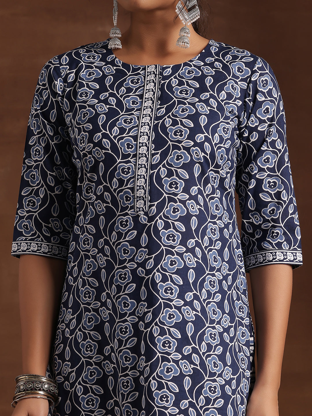 Indigo Printed Cotton Straight Suit With Dupatta