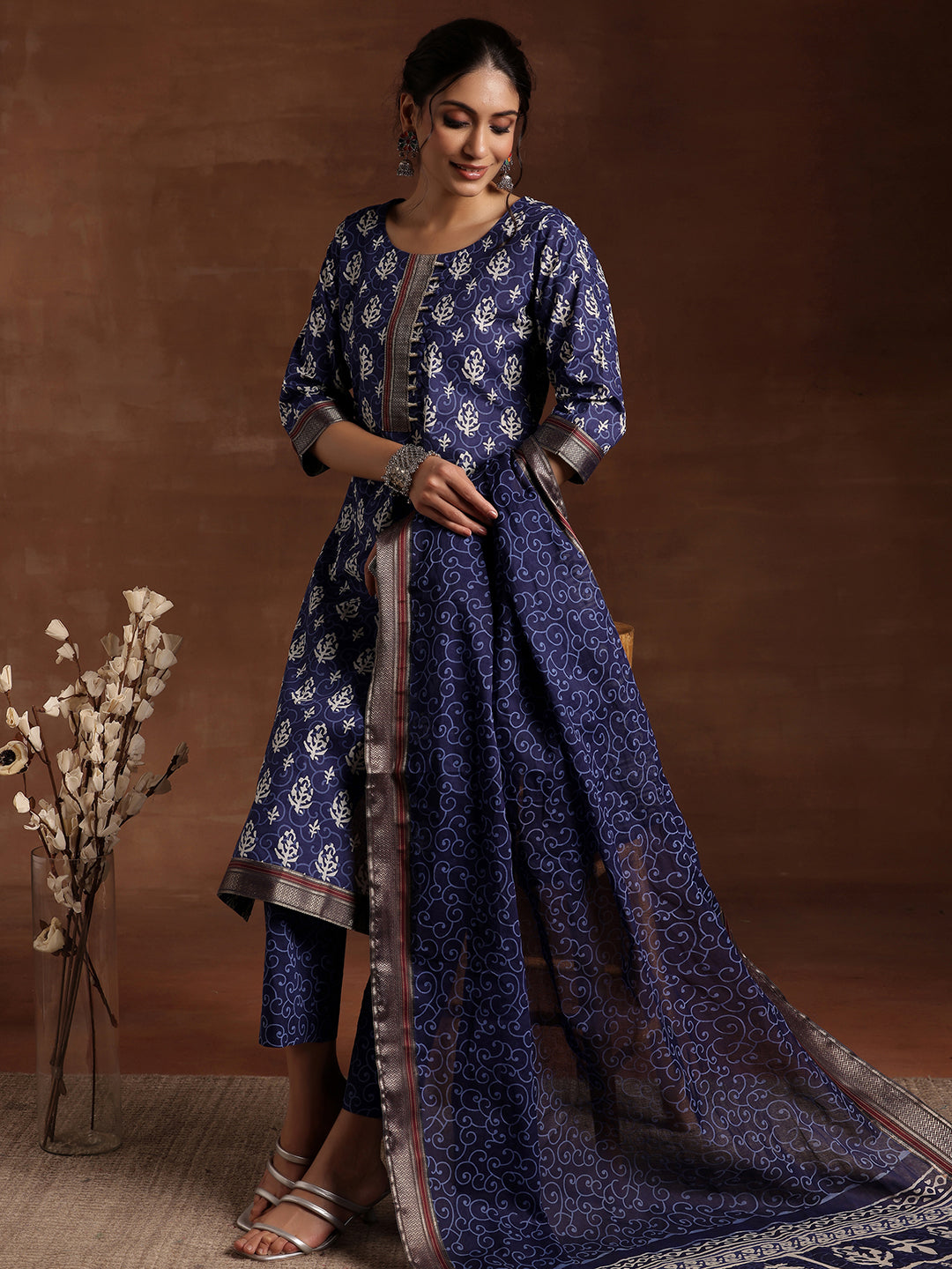 Indigo Printed Cotton Straight Suit With Dupatta