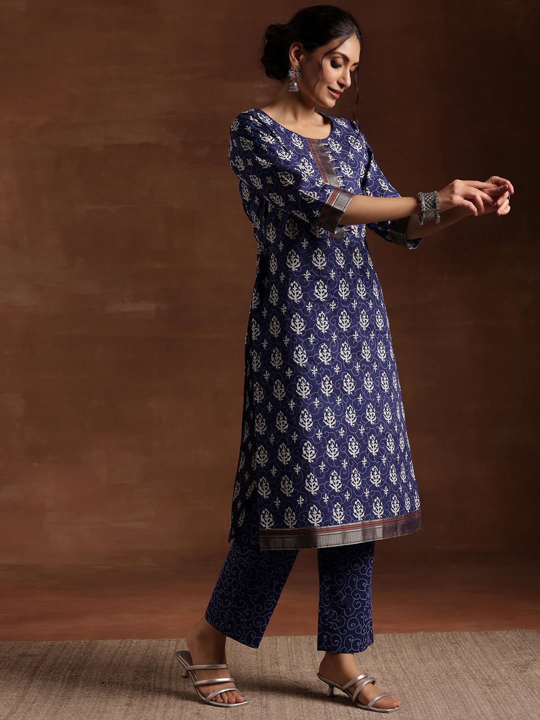 Indigo Printed Cotton Straight Suit With Dupatta