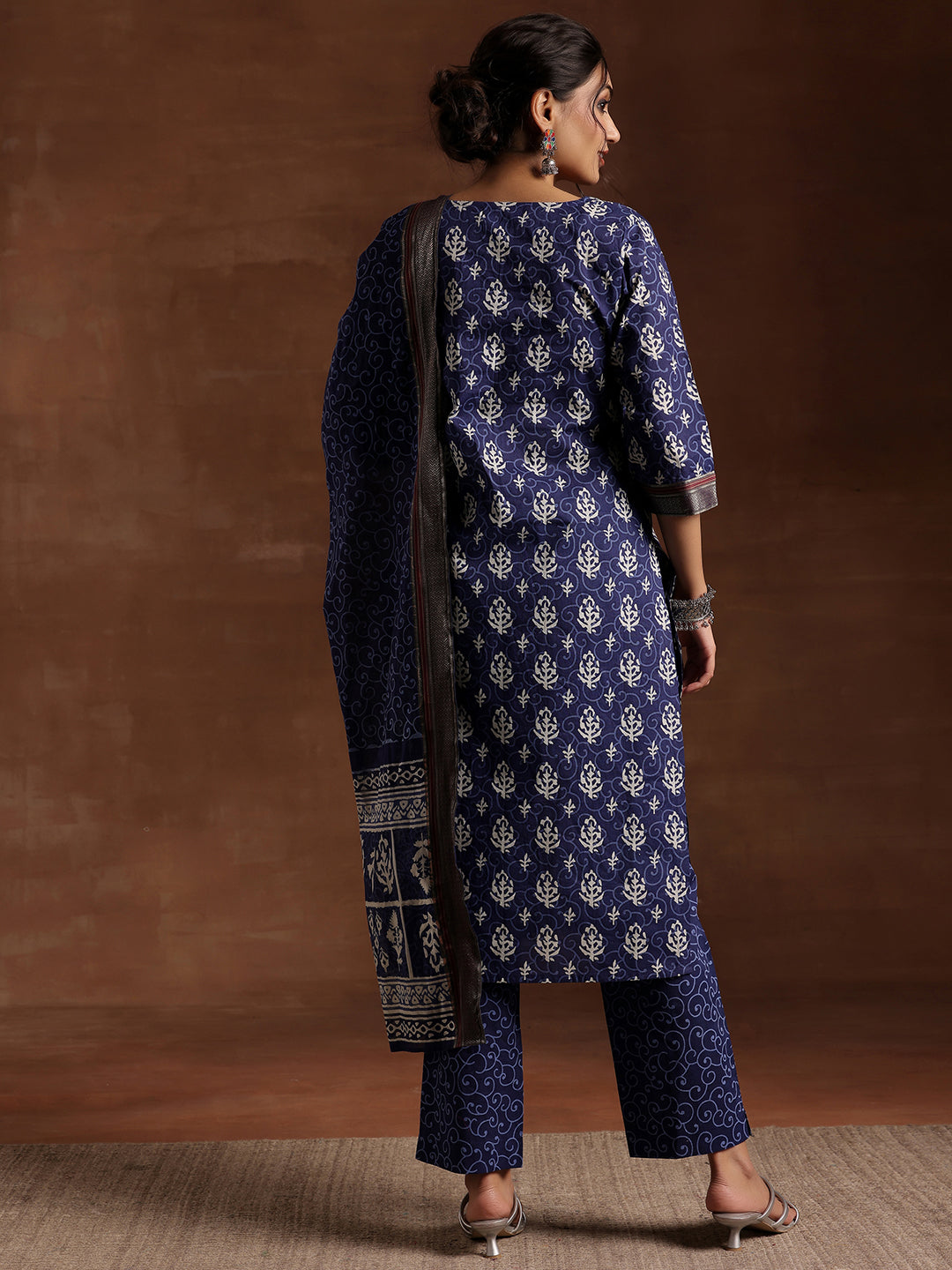 Indigo Printed Cotton Straight Suit With Dupatta