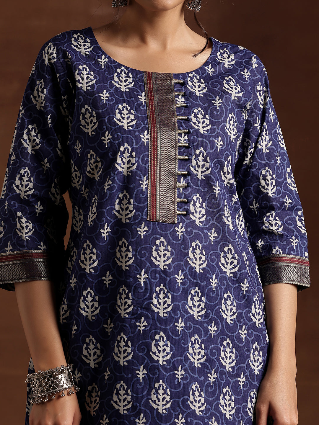 Indigo Printed Cotton Straight Suit With Dupatta