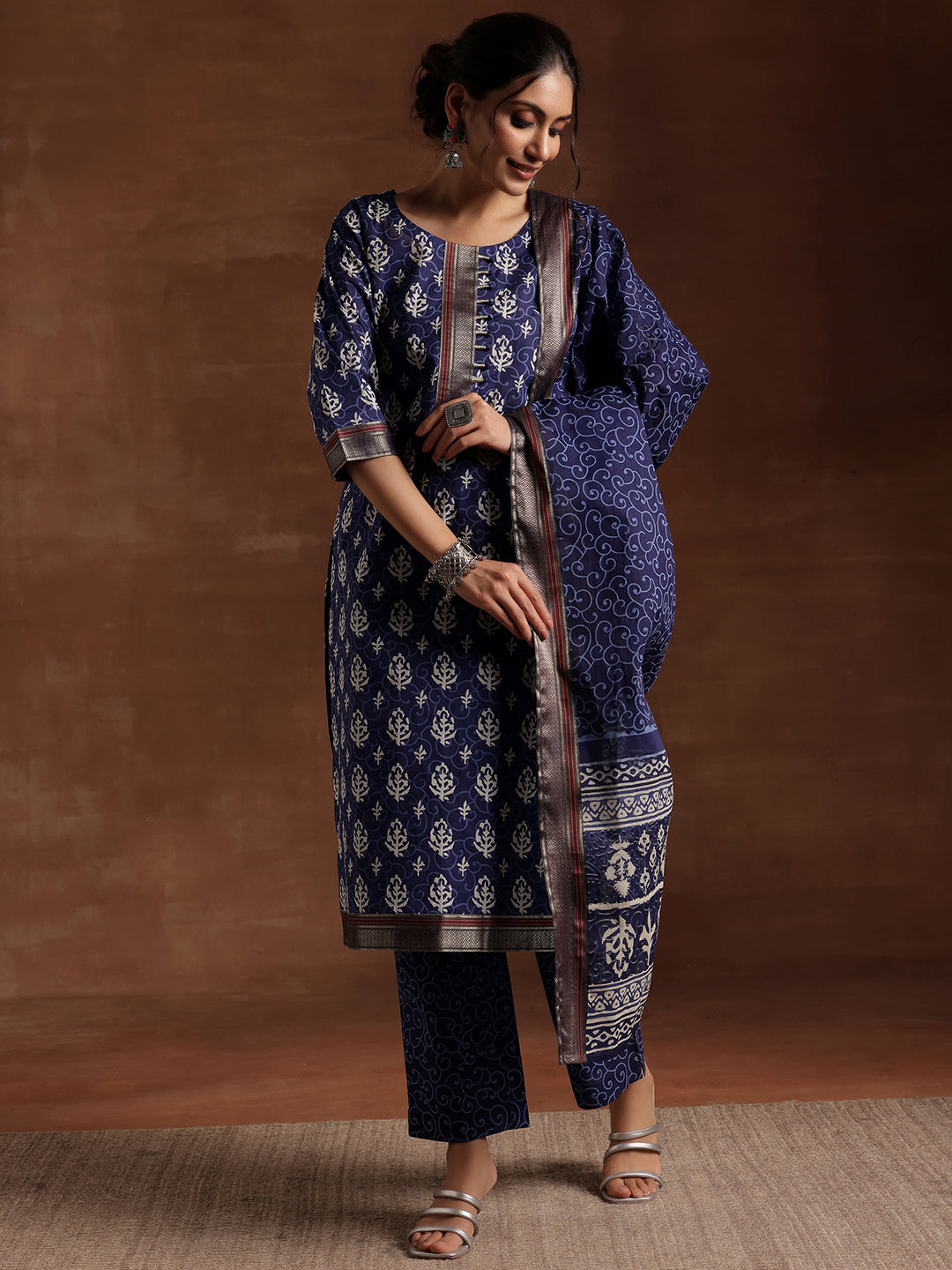 Indigo Printed Cotton Straight Suit With Dupatta