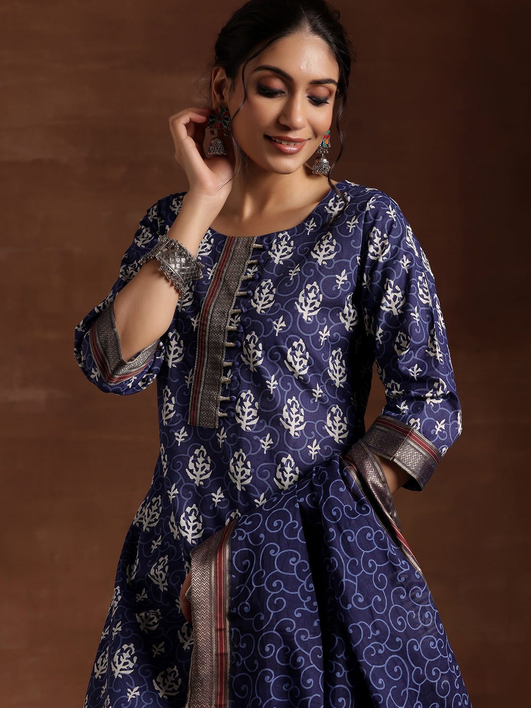 Indigo Printed Cotton Straight Suit With Dupatta