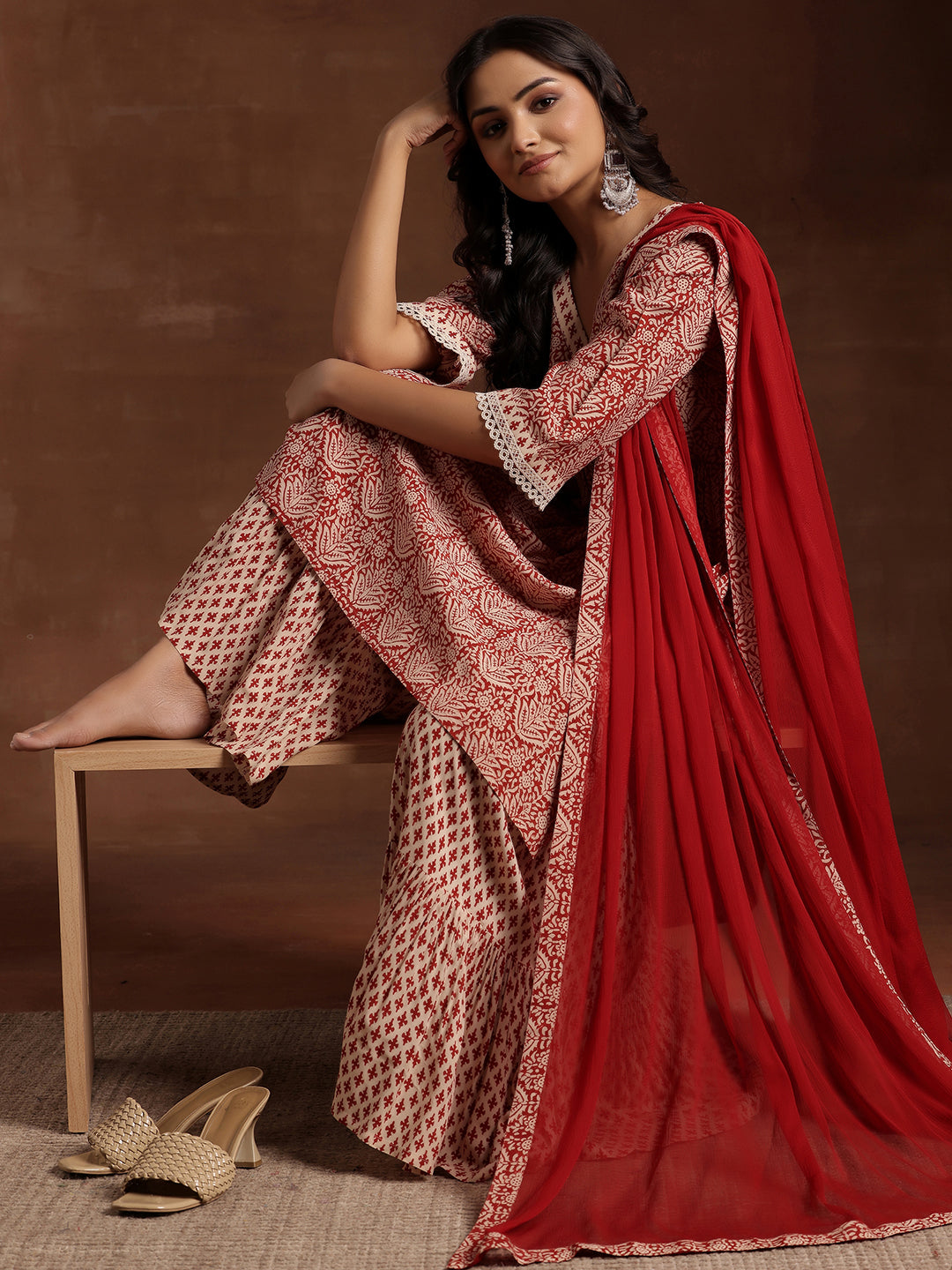 Red Printed Cotton A-Line Kurta With Sharara & Dupatta