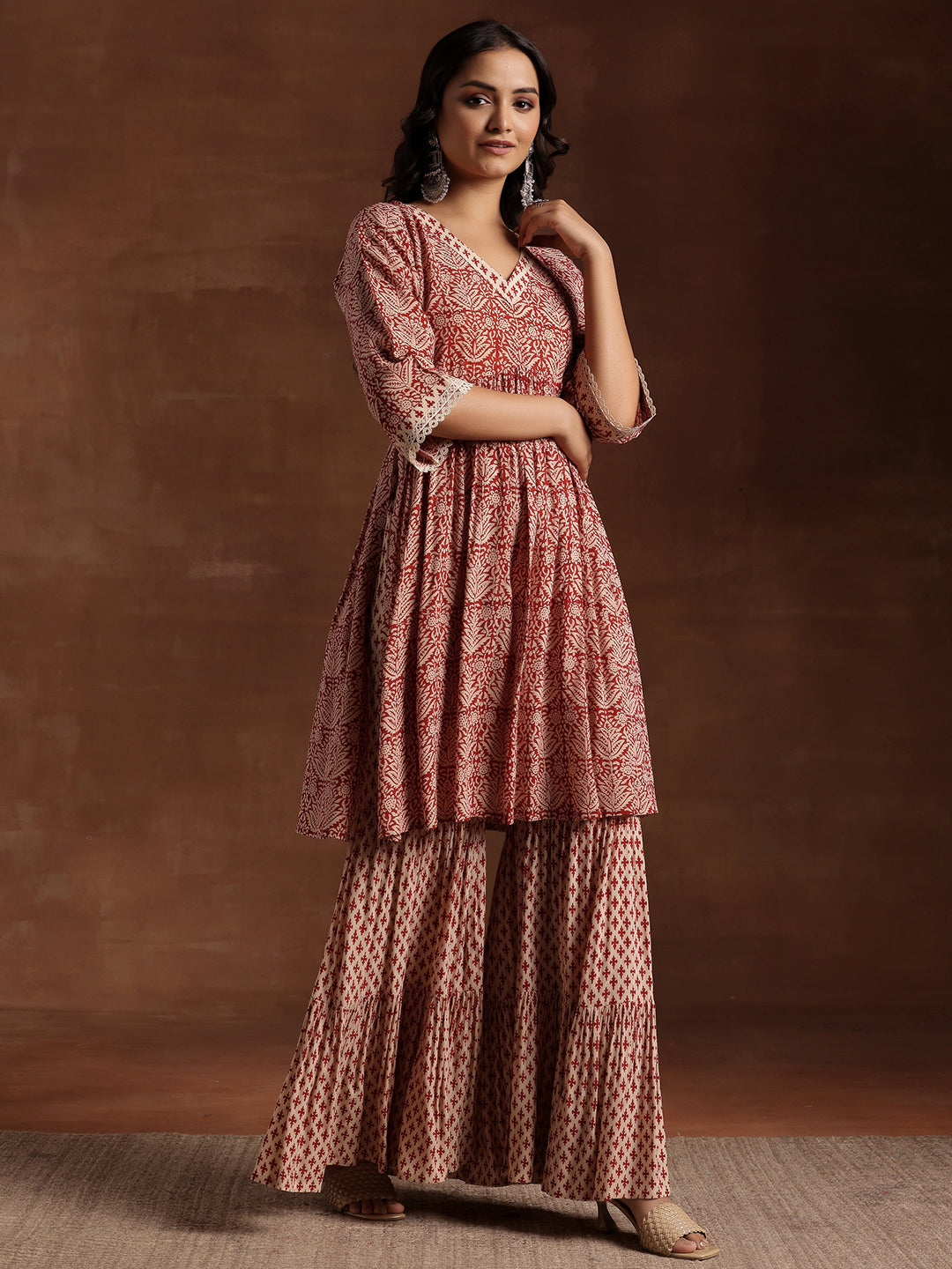 Red Printed Cotton A-Line Kurta With Sharara & Dupatta