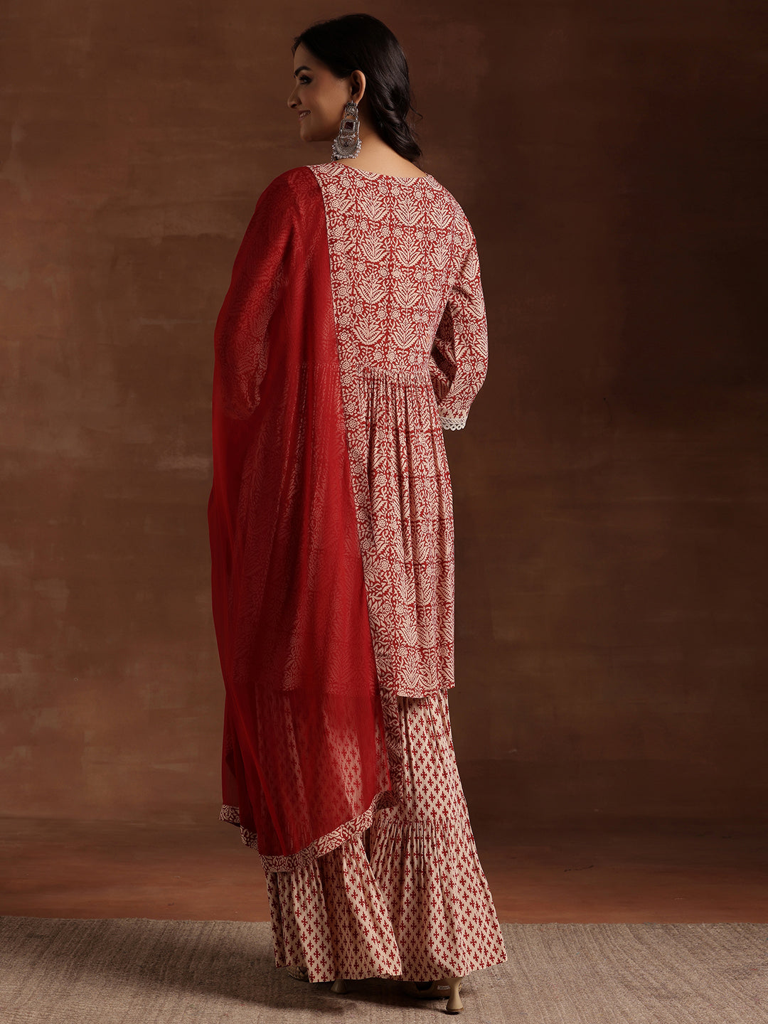 Red Printed Cotton A-Line Kurta With Sharara & Dupatta