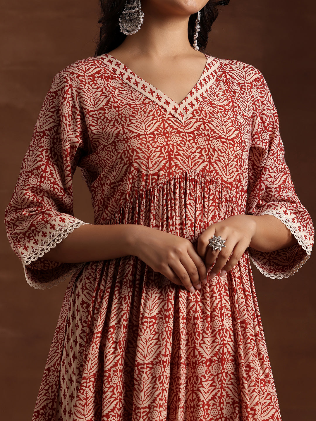 Red Printed Cotton A-Line Kurta With Sharara & Dupatta