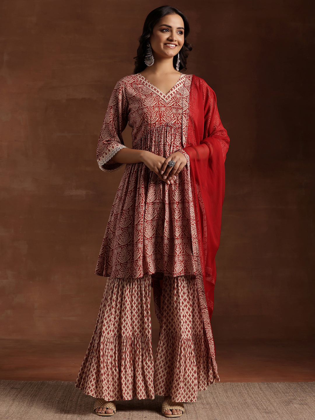 Red Printed Cotton A-Line Kurta With Sharara & Dupatta