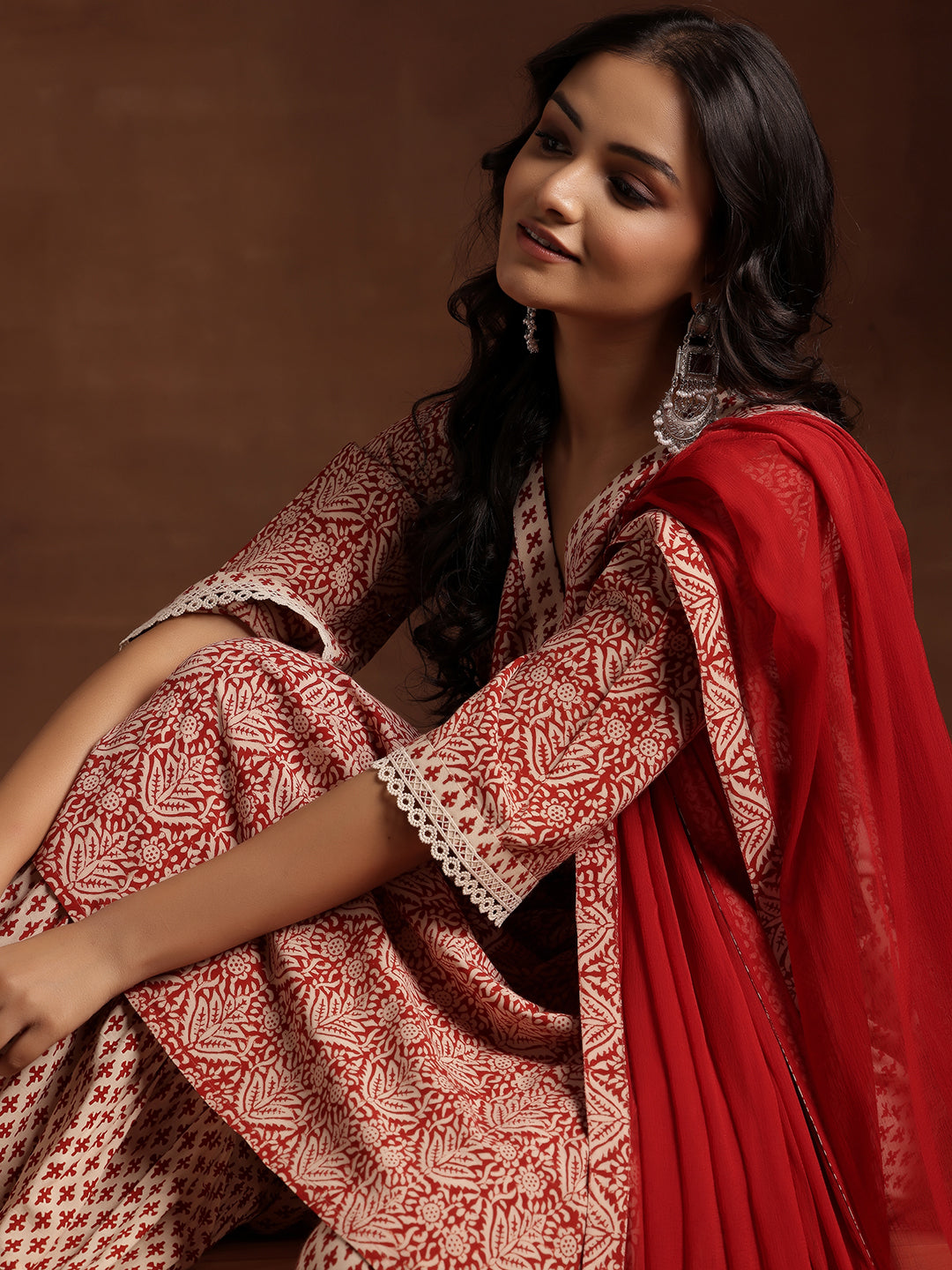 Red Printed Cotton A-Line Kurta With Sharara & Dupatta