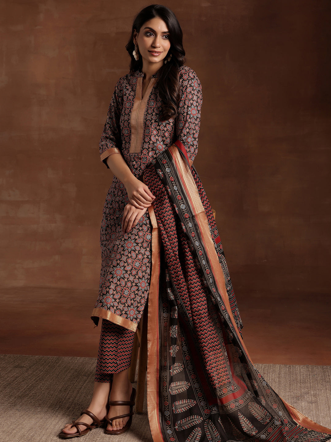 Black Printed Cotton Straight Suit With Dupatta