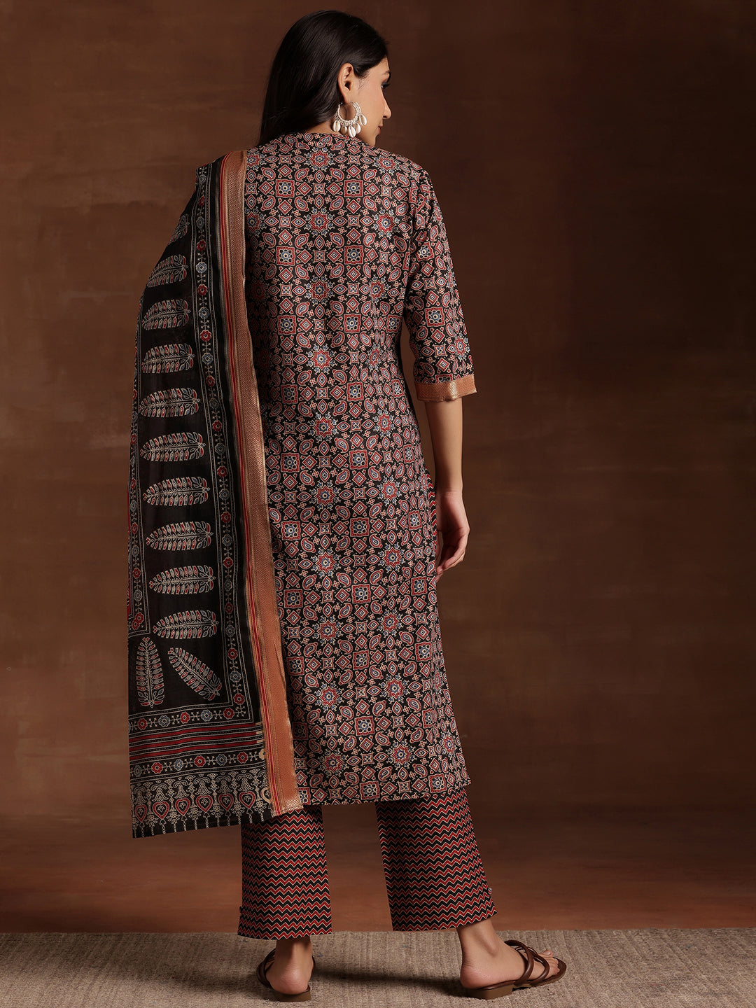 Black Printed Cotton Straight Suit With Dupatta