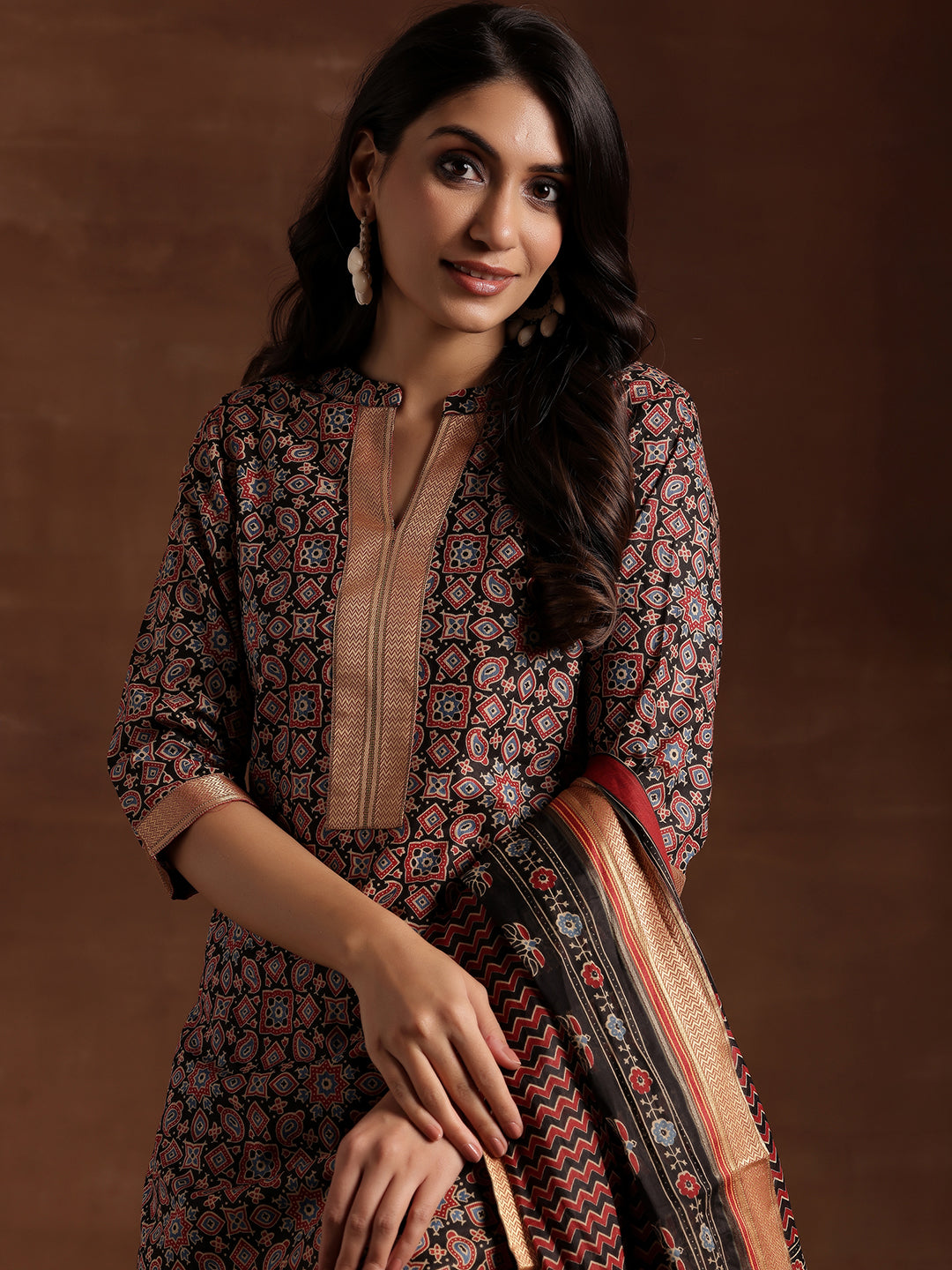 Black Printed Cotton Straight Suit With Dupatta