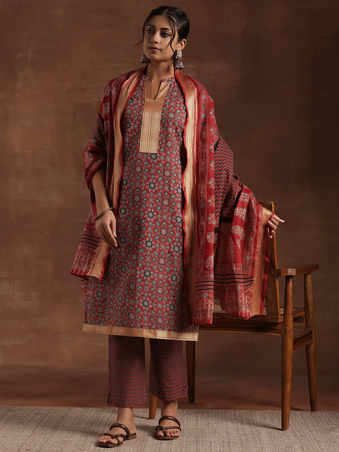 Red Printed Cotton Straight Suit With Dupatta