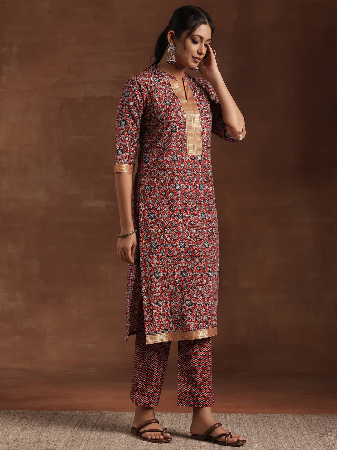 Red Printed Cotton Straight Suit With Dupatta