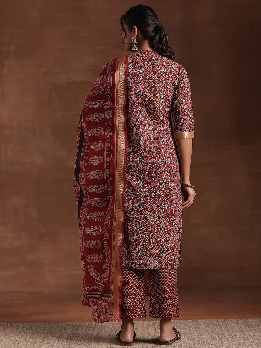 Red Printed Cotton Straight Suit With Dupatta