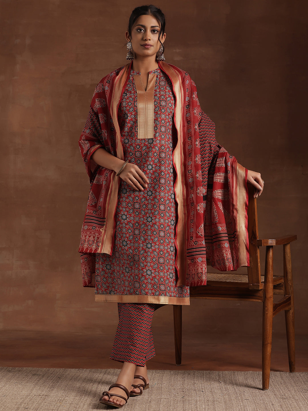 Red Printed Cotton Straight Suit With Dupatta