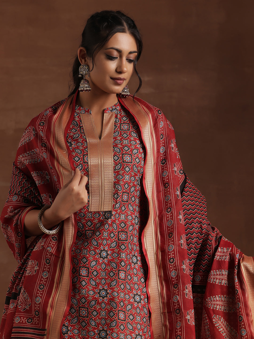 Red Printed Cotton Straight Suit With Dupatta