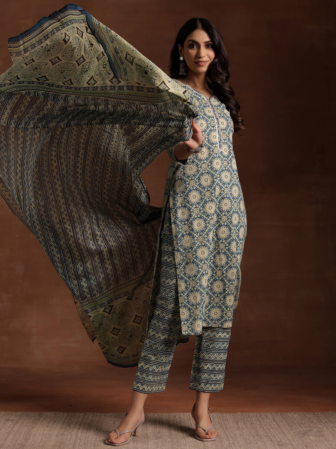 Blue Printed Cotton Straight Suit With Dupatta