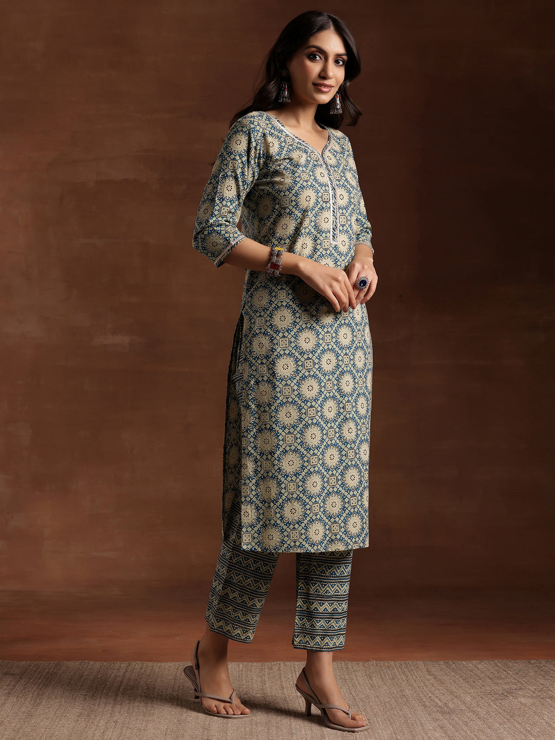 Blue Printed Cotton Straight Suit With Dupatta