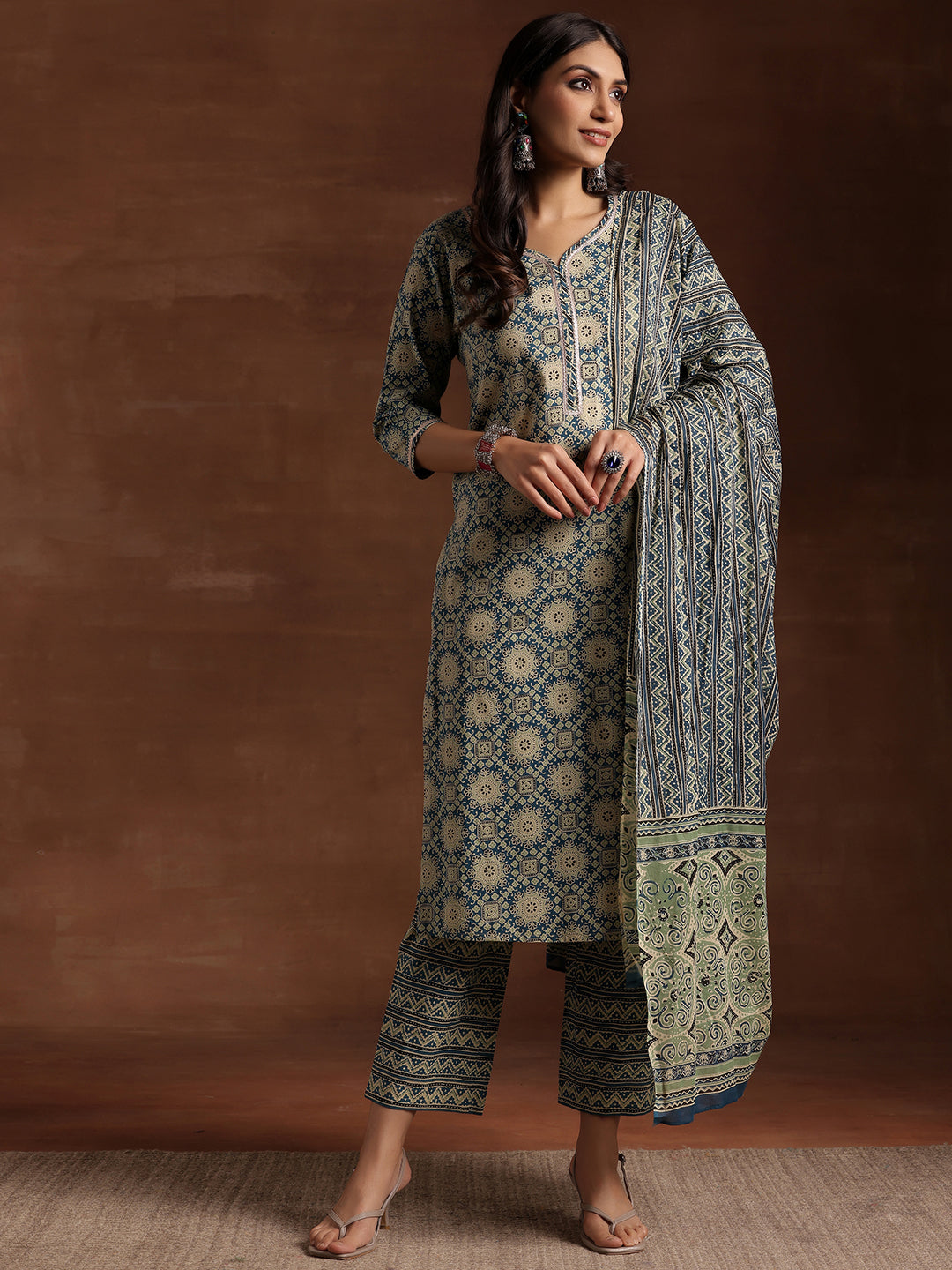 Blue Printed Cotton Straight Suit With Dupatta