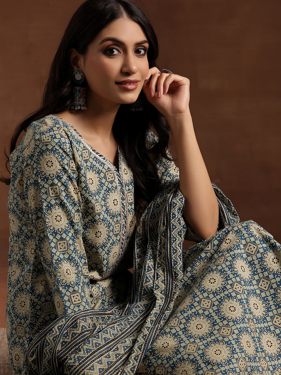 Blue Printed Cotton Straight Suit With Dupatta