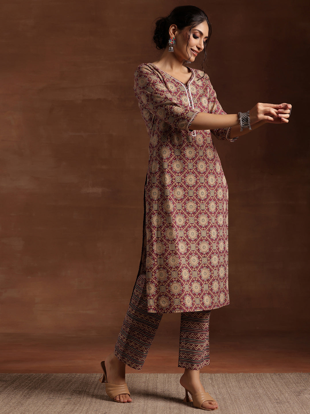 Purple Printed Cotton Straight Suit With Dupatta