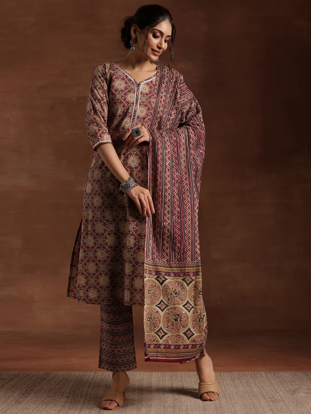 Purple Printed Cotton Straight Suit With Dupatta