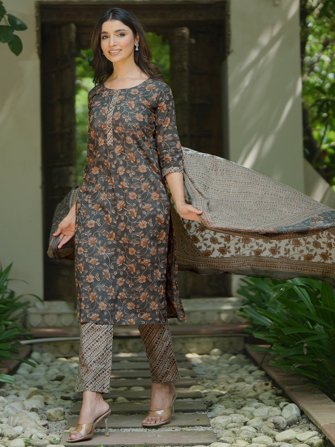 Grey Printed Cotton Straight Suit With Dupatta