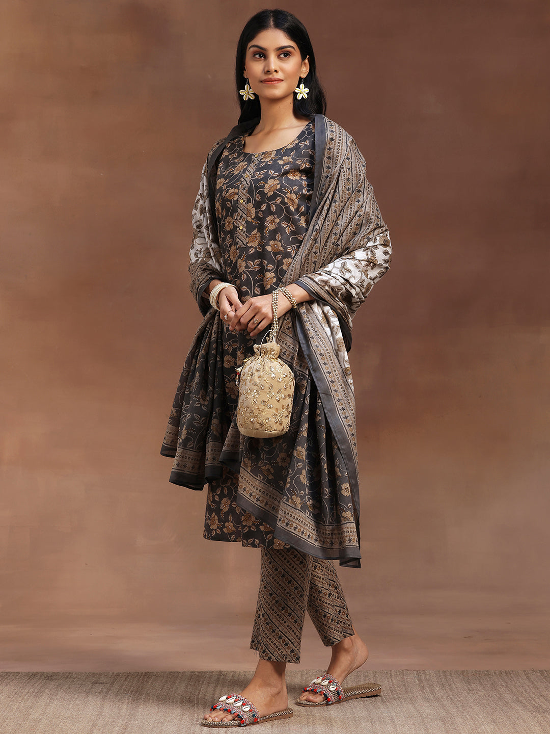 Grey Printed Cotton Straight Suit With Dupatta