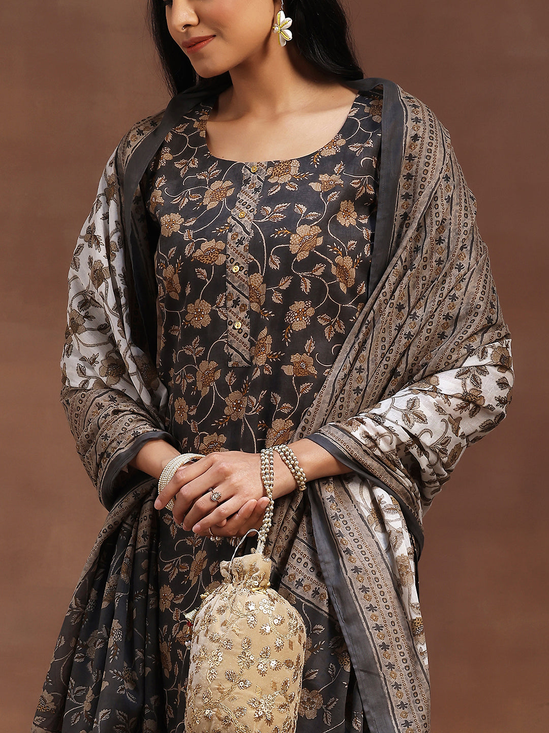 Grey Printed Cotton Straight Suit With Dupatta