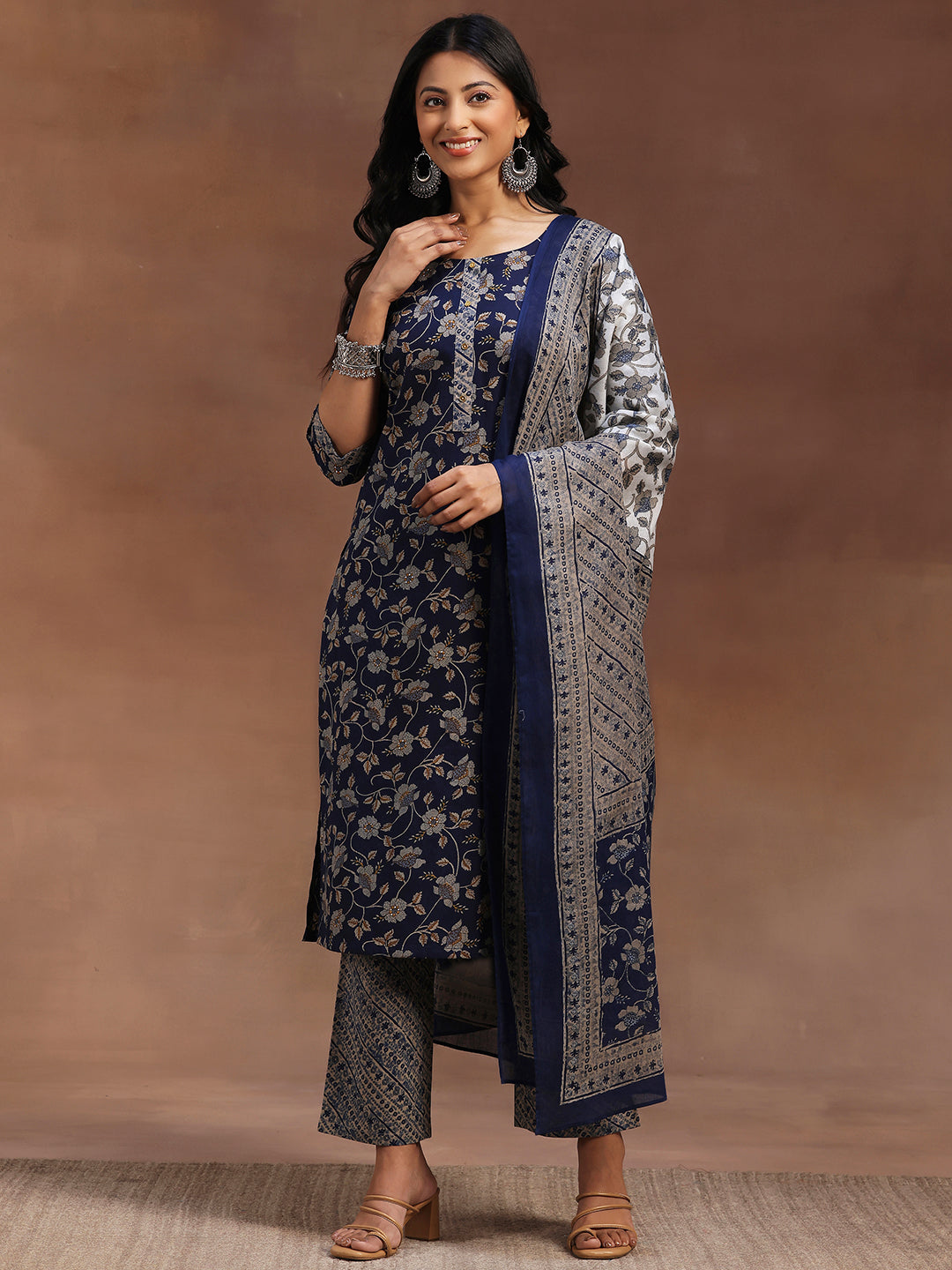 Blue Printed Cotton Straight Suit With Dupatta