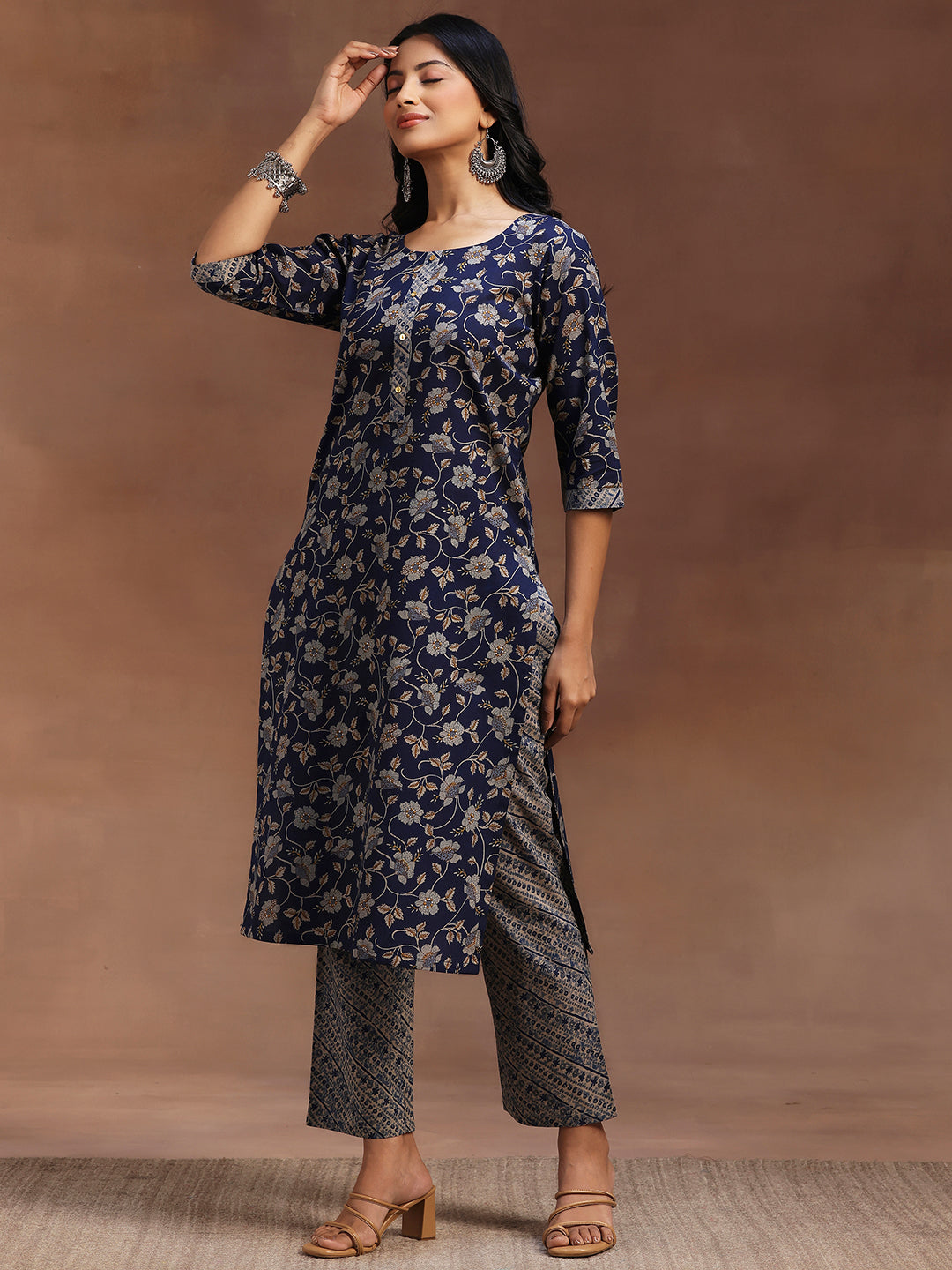 Blue Printed Cotton Straight Suit With Dupatta