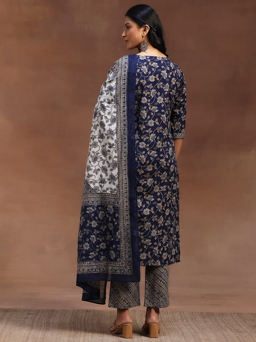 Blue Printed Cotton Straight Suit With Dupatta