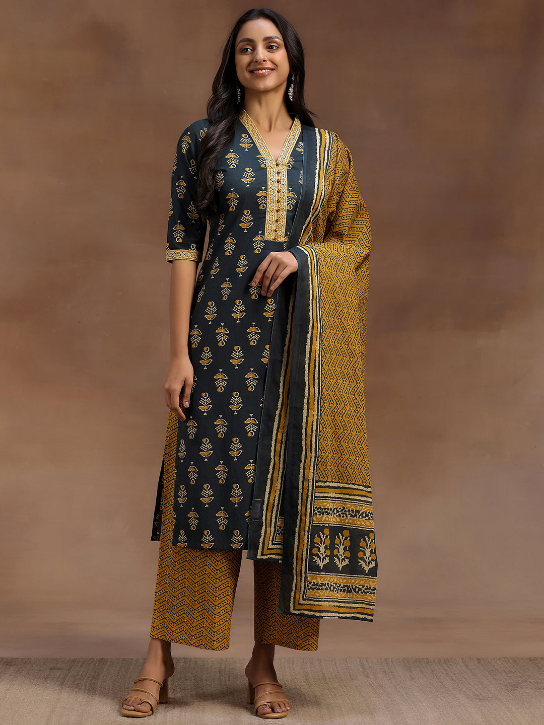 Green Printed Cotton Straight Suit With Dupatta