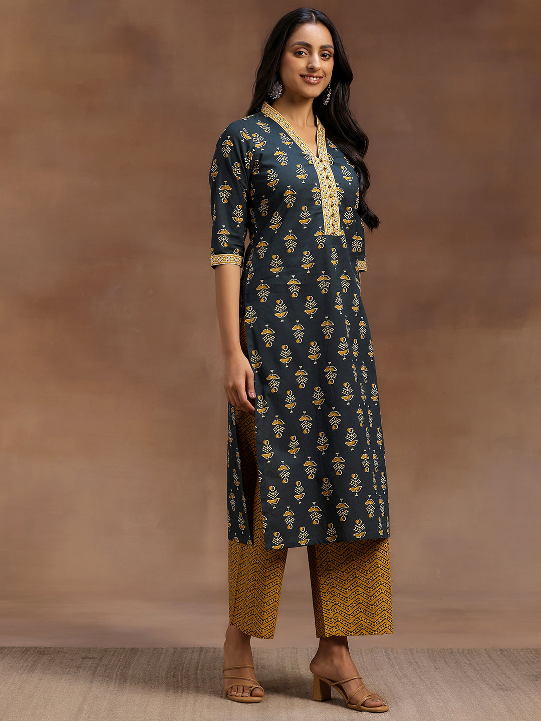 Green Printed Cotton Straight Suit With Dupatta