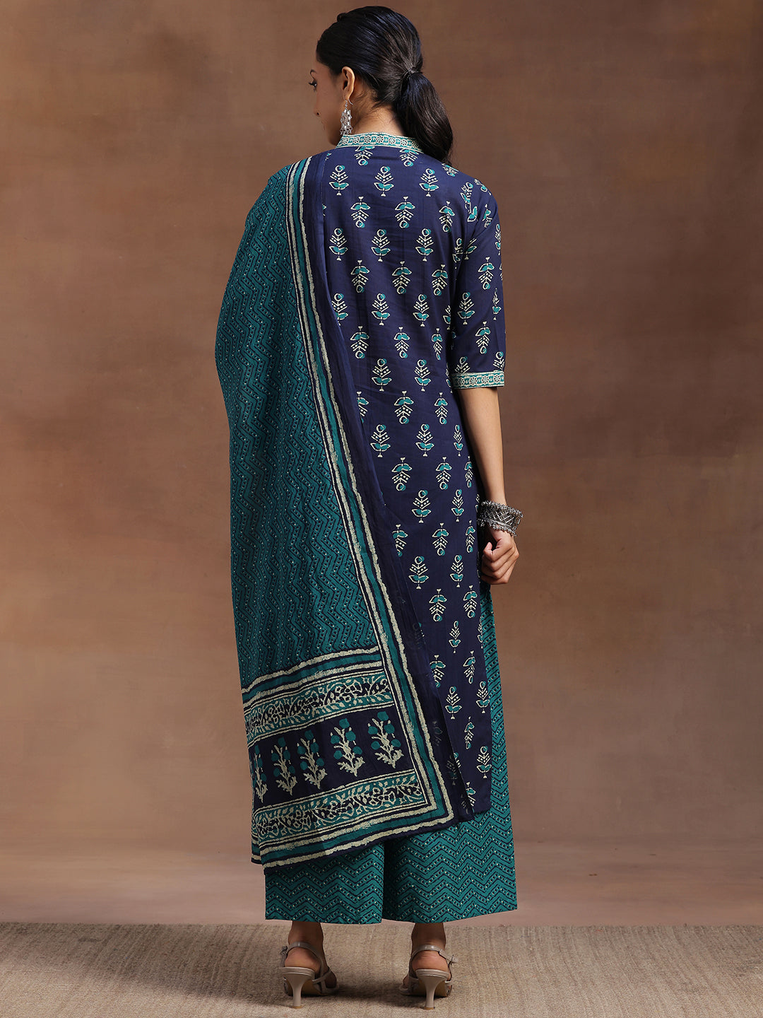 Blue Printed Cotton Straight Suit With Dupatta