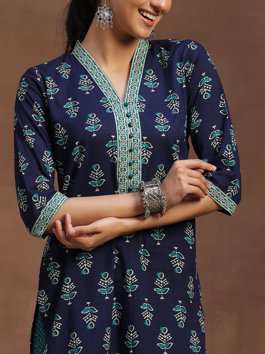 Blue Printed Cotton Straight Suit With Dupatta