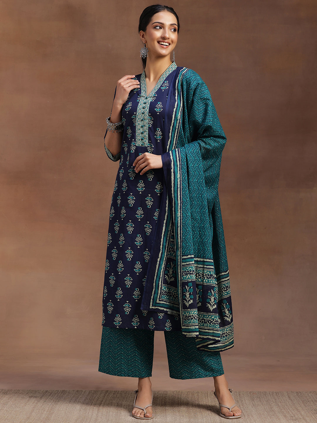 Blue Printed Cotton Straight Suit With Dupatta