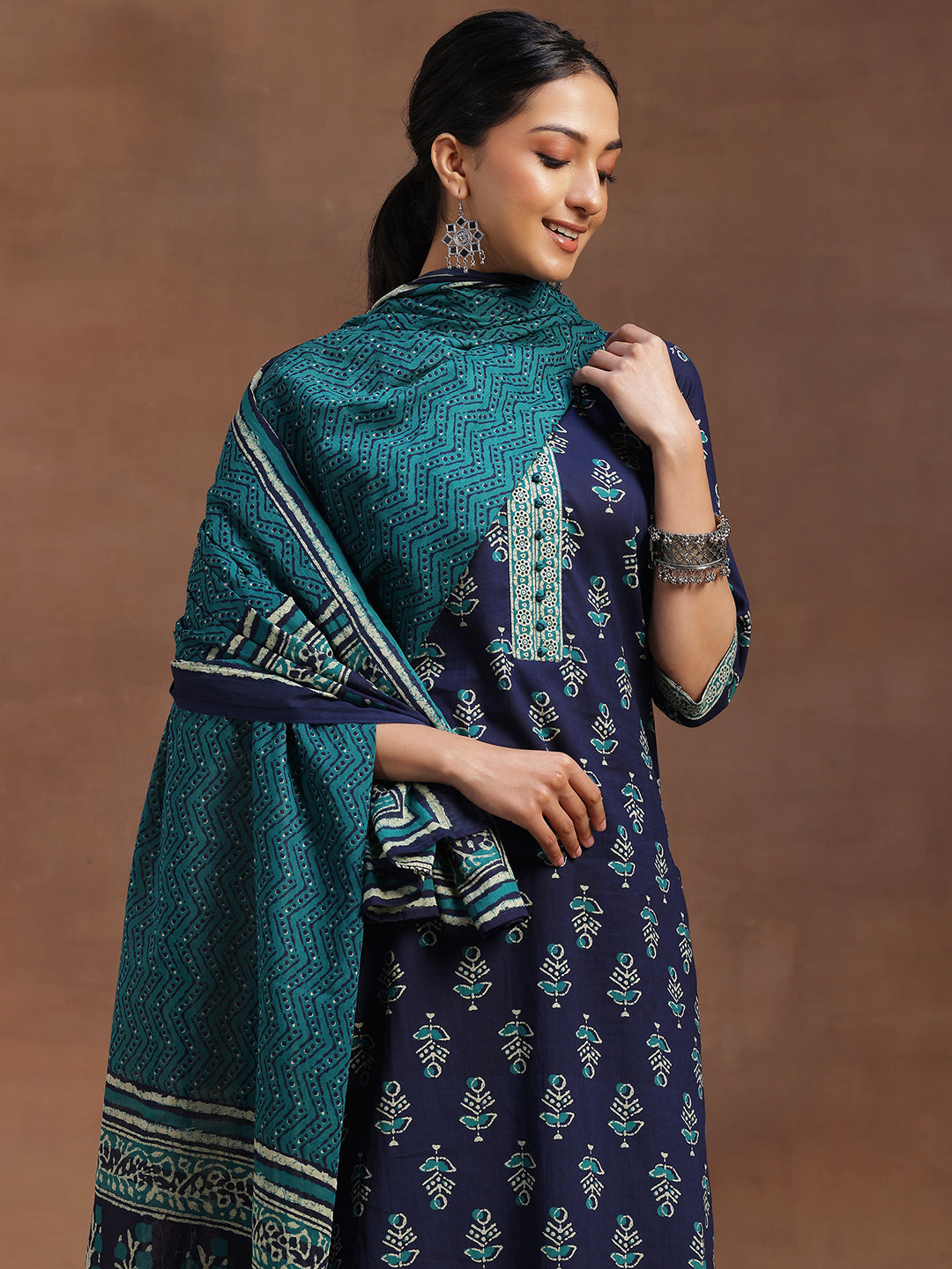 Blue Printed Cotton Straight Suit With Dupatta