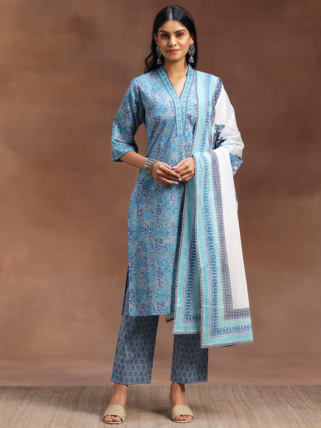 Blue Printed Cotton Straight Suit With Dupatta