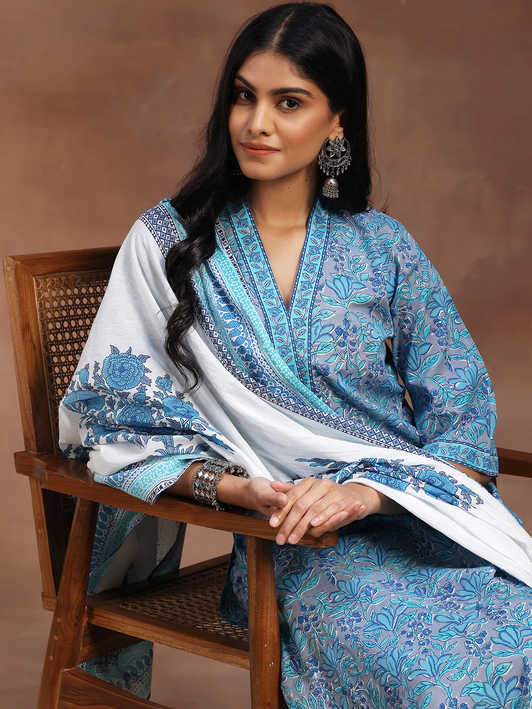 Blue Printed Cotton Straight Suit With Dupatta