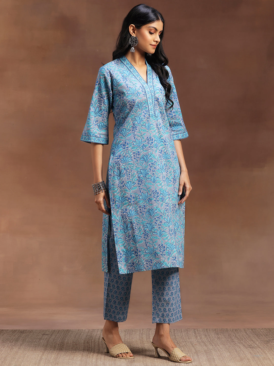 Blue Printed Cotton Straight Suit With Dupatta